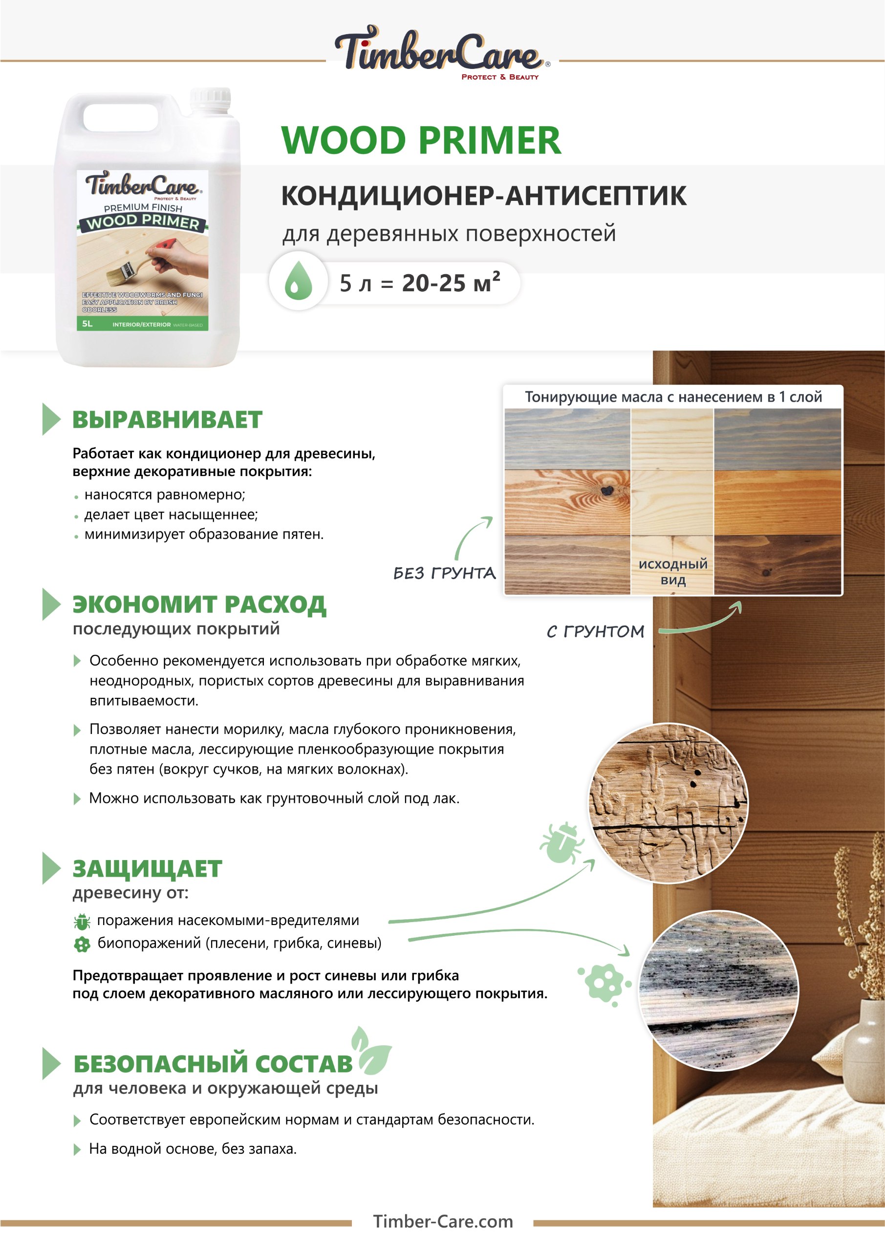 Пропитка универсальная TimberCare Wood Primer для древесины на акрил.основе (цвет: прозрачный), 5л
