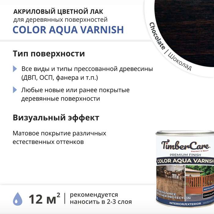 Цветной акриловый лак TimberCare Color Aqua Varnish (цвет: Шоколад/ Chocolate), банка 1л