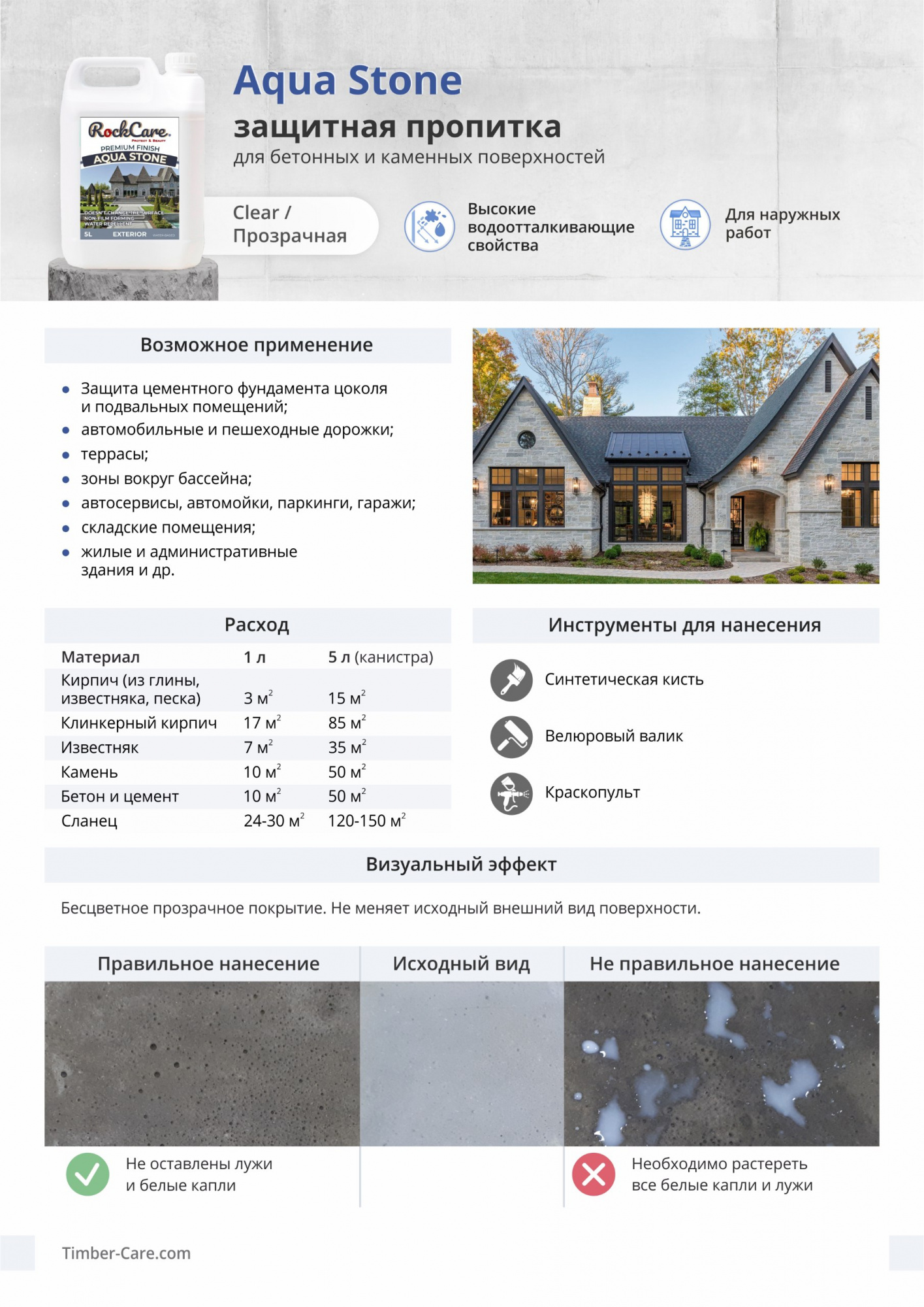 Водоотталкивающая пропитка для камня RockCare Aqua Stone - 5 л